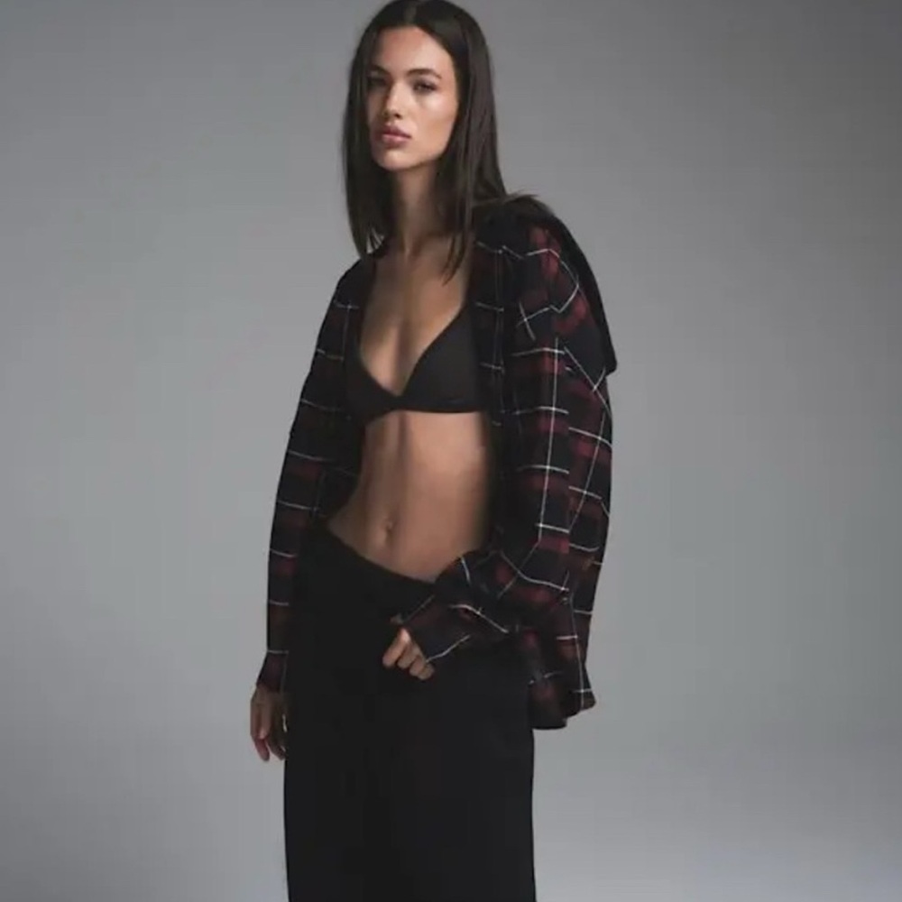Skims Outdoor Flannel Oversized Shirt with Hood in Merlot Plaid NWT